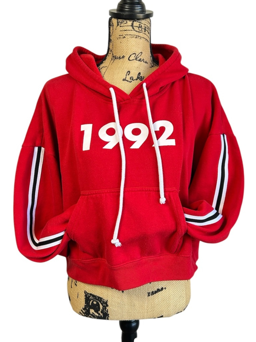 Red '1992' Pullover Hoodie with Striped Sleeves